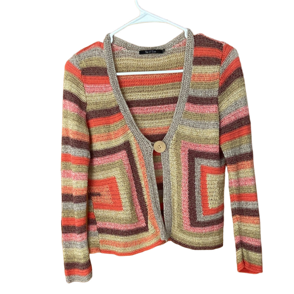 NIC+ZOE Multicolor Striped Crochet 3/4 Sleeve Cardigan with Button Petite Small